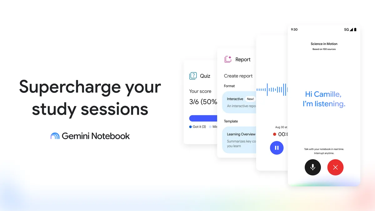 Google promotional artwork depicts Gemini Notebook report, quiz, and real-time conversation examples.