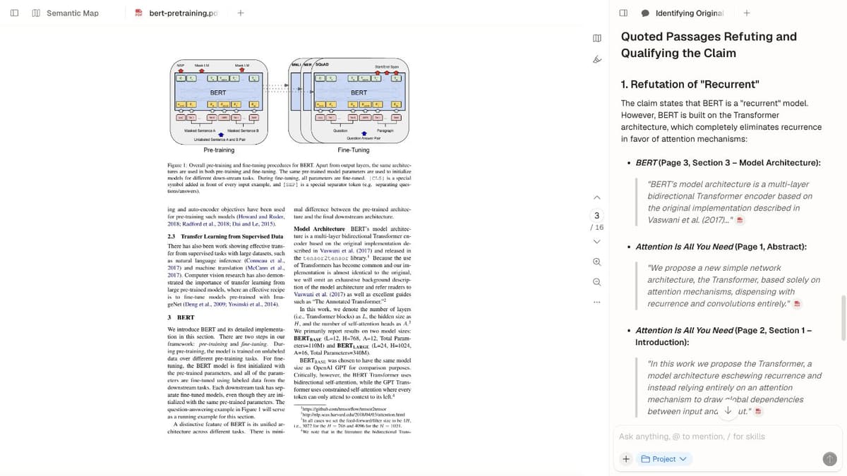 Atlas response panel beside passages from the BERT paper and Attention Is All You Need.