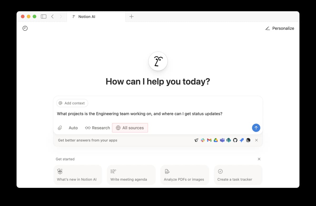 Official Notion AI desktop view showing workspace search and connected app context for team knowledge work