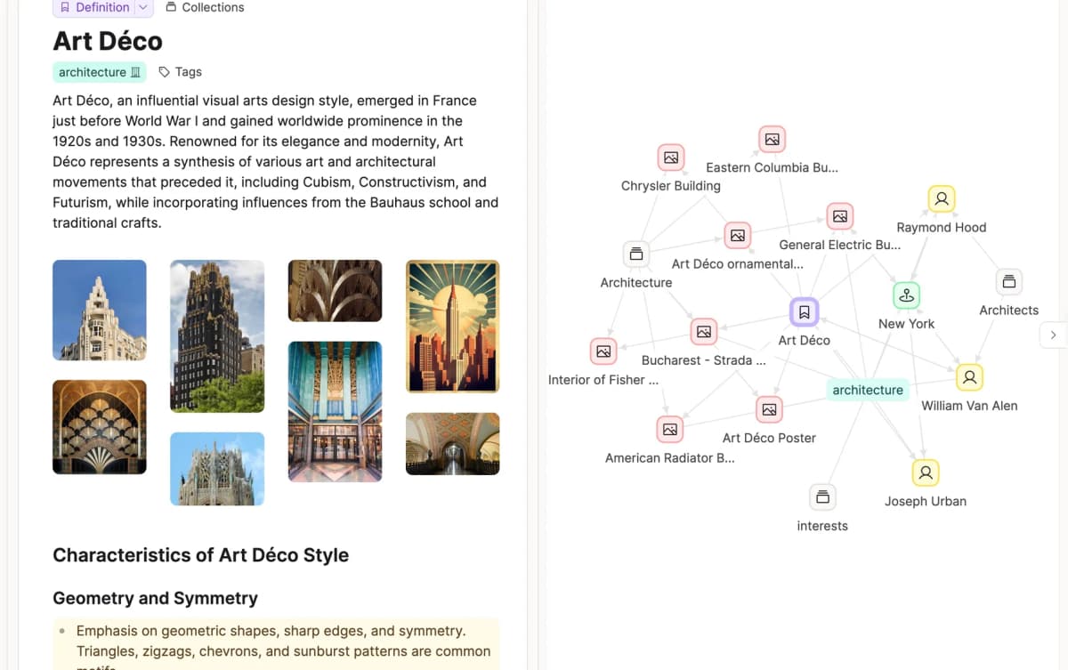 Capacities object graph showing an Art Deco note connected to related image, place, and person objects