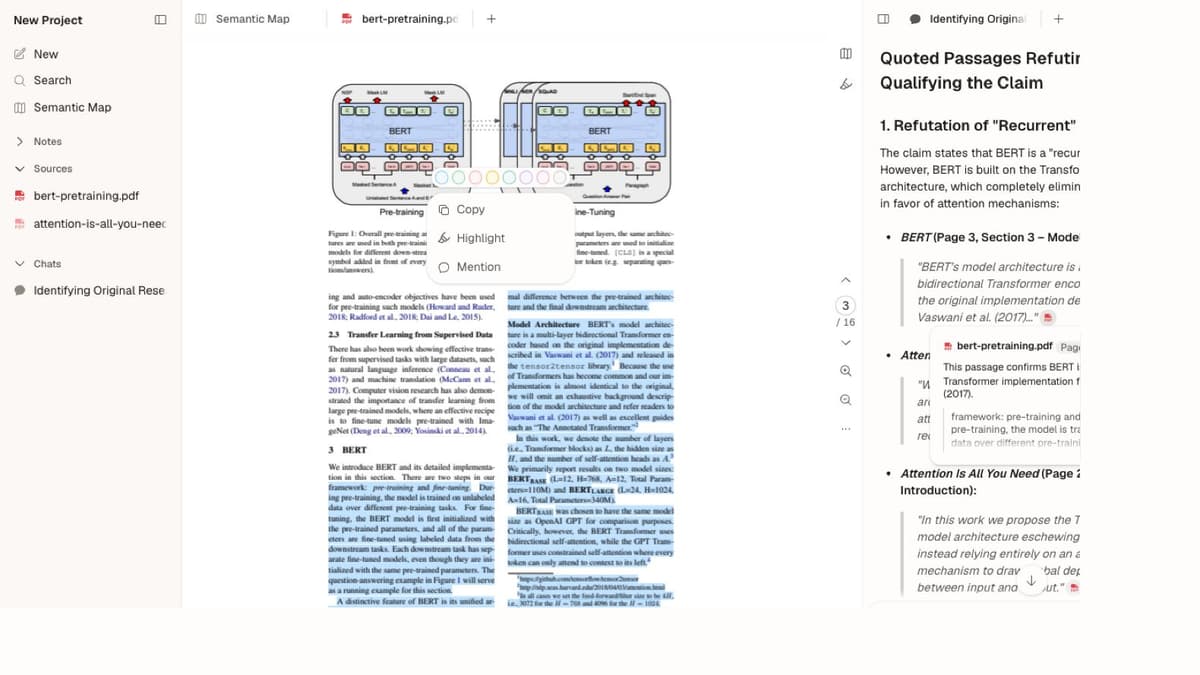 Atlas source reader and cited answer showing a selected BERT passage and linked claims; no cross-note map is shown.