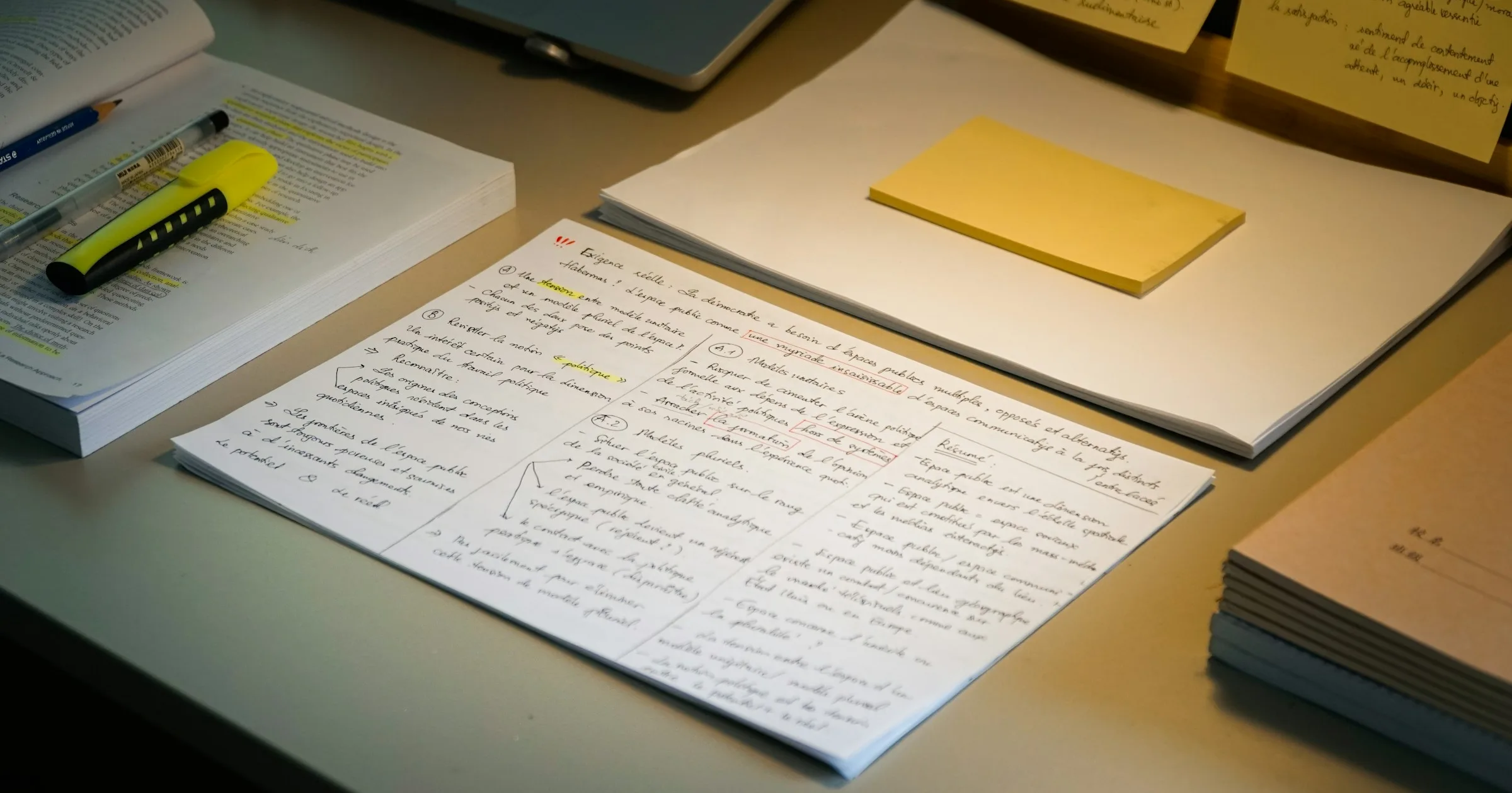 A highlighted printed page, handwritten notes, and sticky notes sit on a study desk.