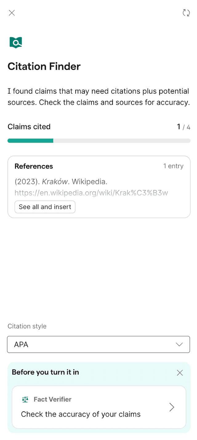 Grammarly Citation Finder panel beside a student draft, with a flagged claim and citation options.