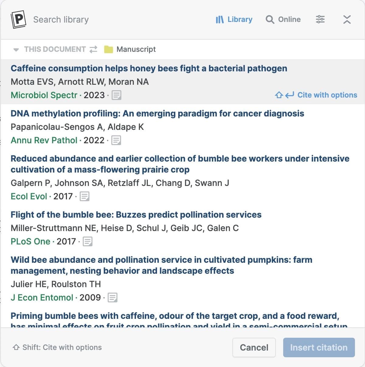 Paperpile’s Google Docs citation dialog listing library references and citation controls.