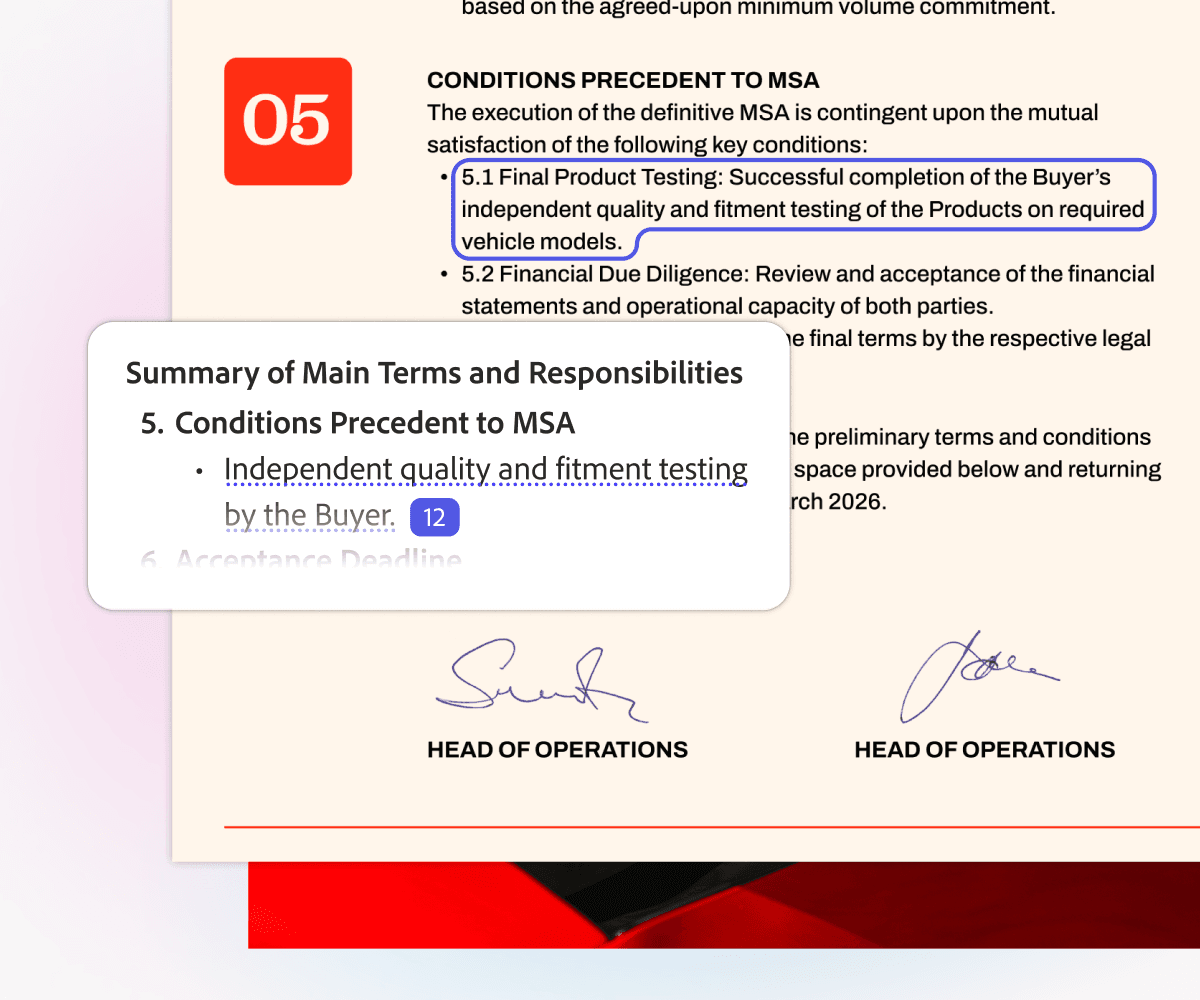 Official Adobe Acrobat AI Assistant screenshot showing an AI summary card tied to highlighted PDF text.