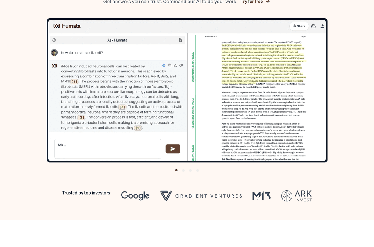 Humata interface showing an answer with citations beside the source PDF
