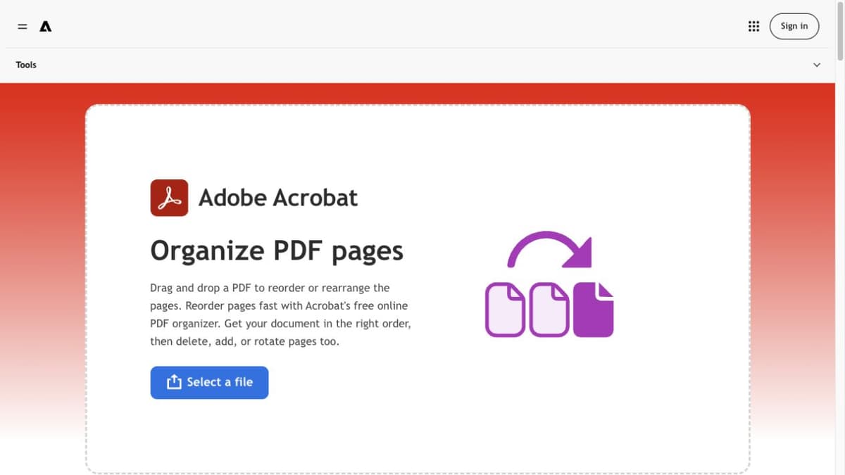 Adobe Acrobat’s online Organize PDF pages entry page, with the Select a file button.