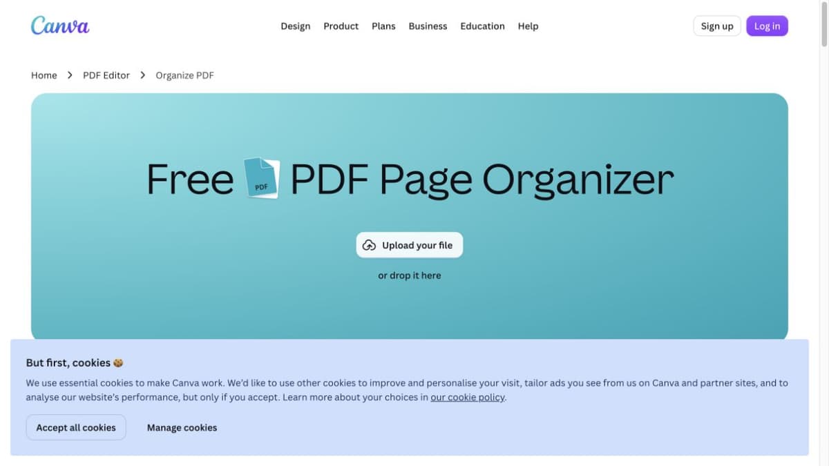 Canva's PDF Page Organizer entry page with its upload control.