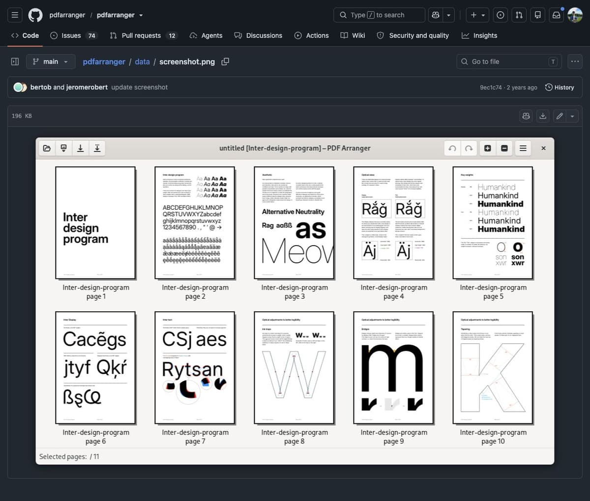 PDF Arranger's page-thumbnail interface shown on the project's GitHub screenshot page.