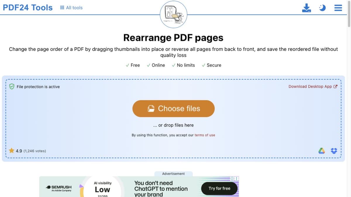 PDF24's official Rearrange PDF pages entry page and file selection control.