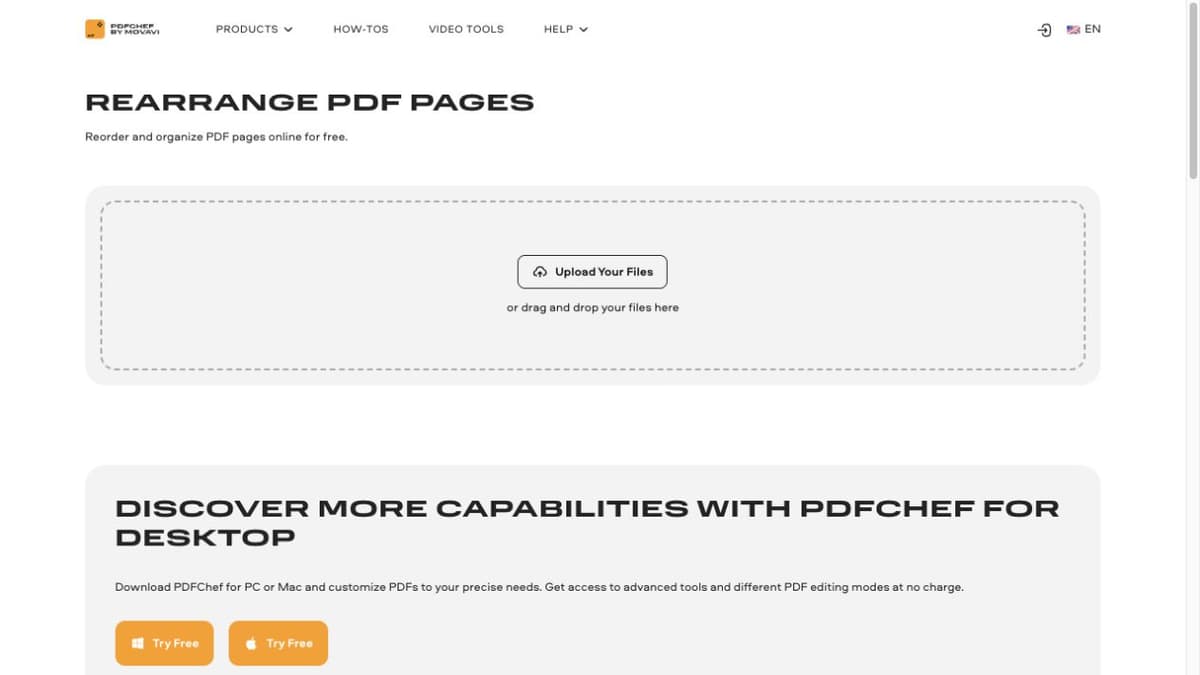 PDFChef's official Rearrange PDF pages entry page and file upload control.