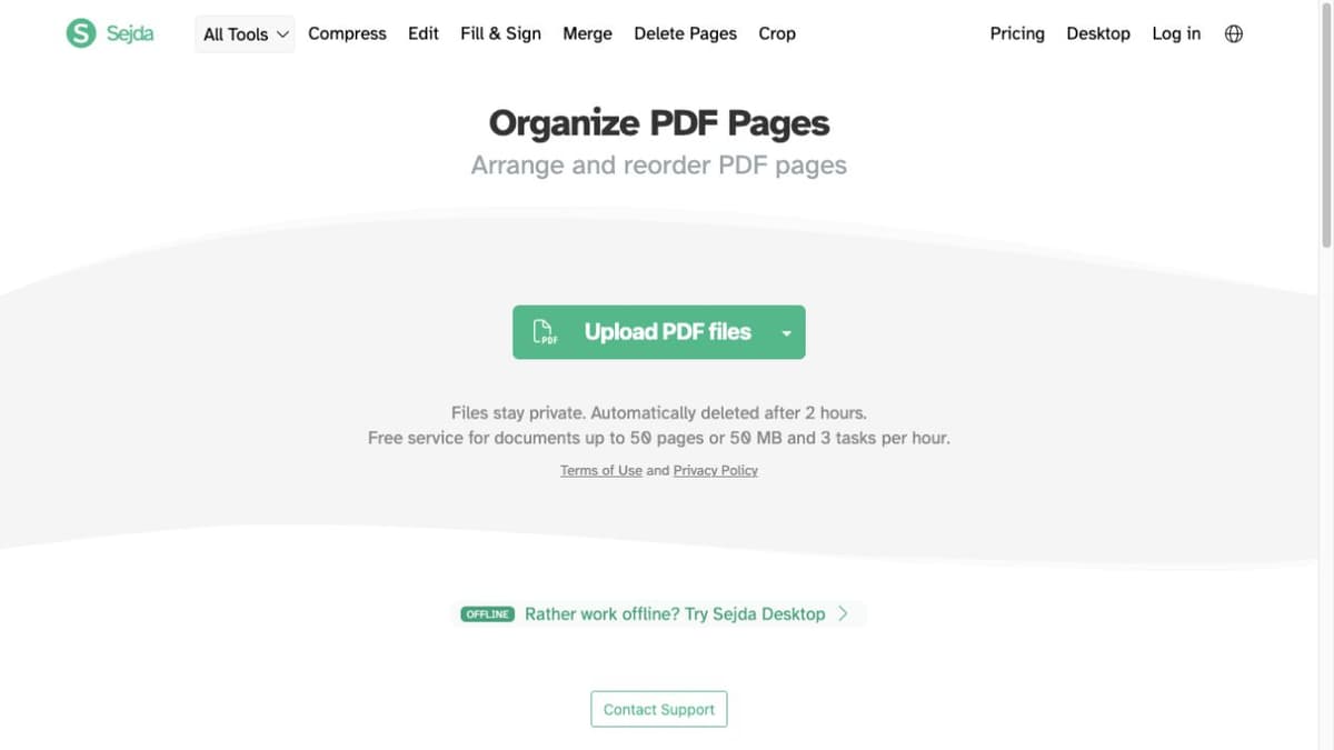 Sejda's official Organize PDF entry page with its file upload control.