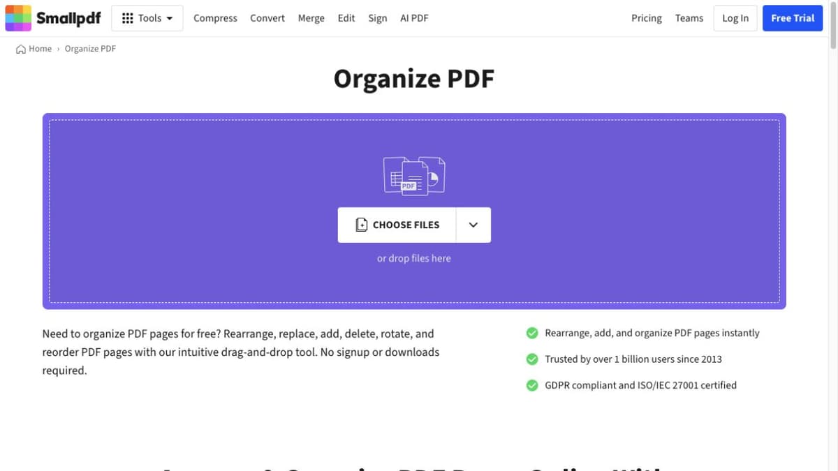 Smallpdf's official Organize PDF entry page with its file selection control.