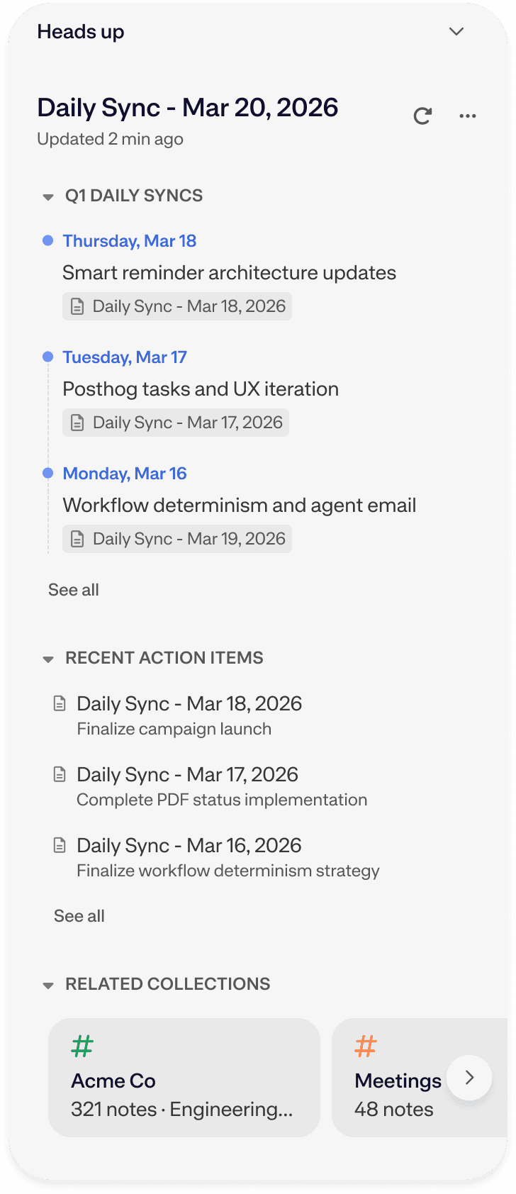 Mem Heads Up view showing related notes, recent action items, and related collections beside a daily-sync note.