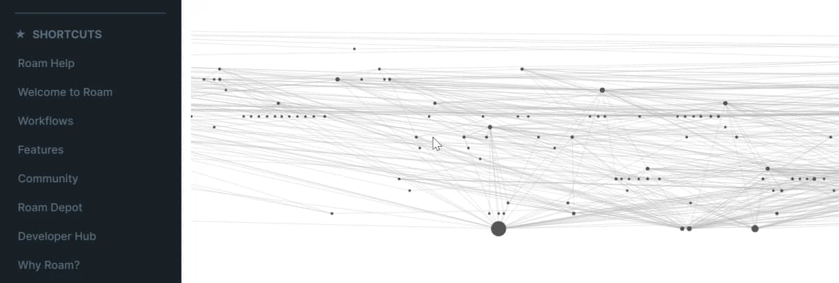 Focused Roam Research graph overview showing linked page nodes beside the workspace navigation sidebar.