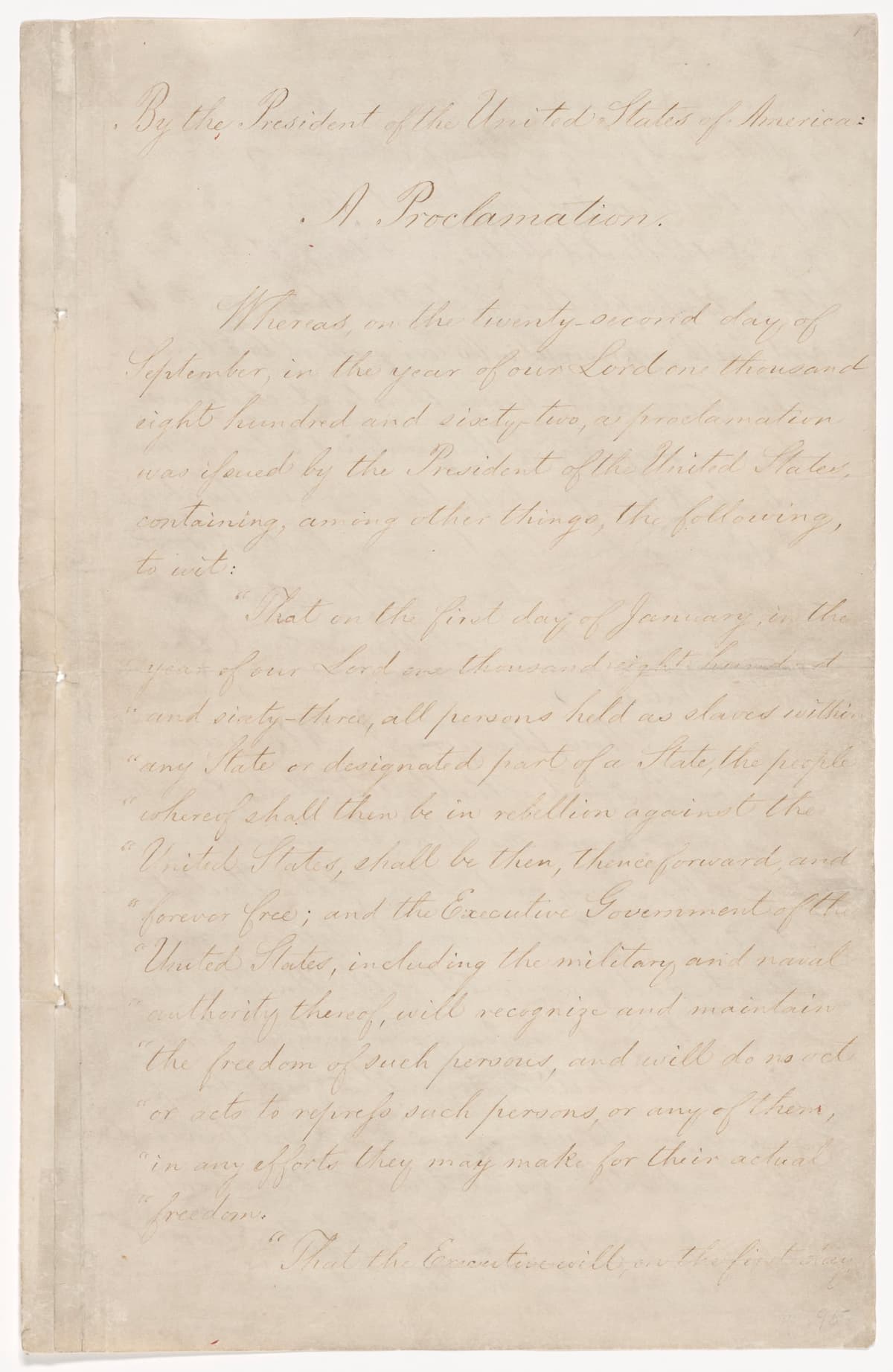 First page of the Emancipation Proclamation manuscript held by the National Archives, showing its heading and opening text.