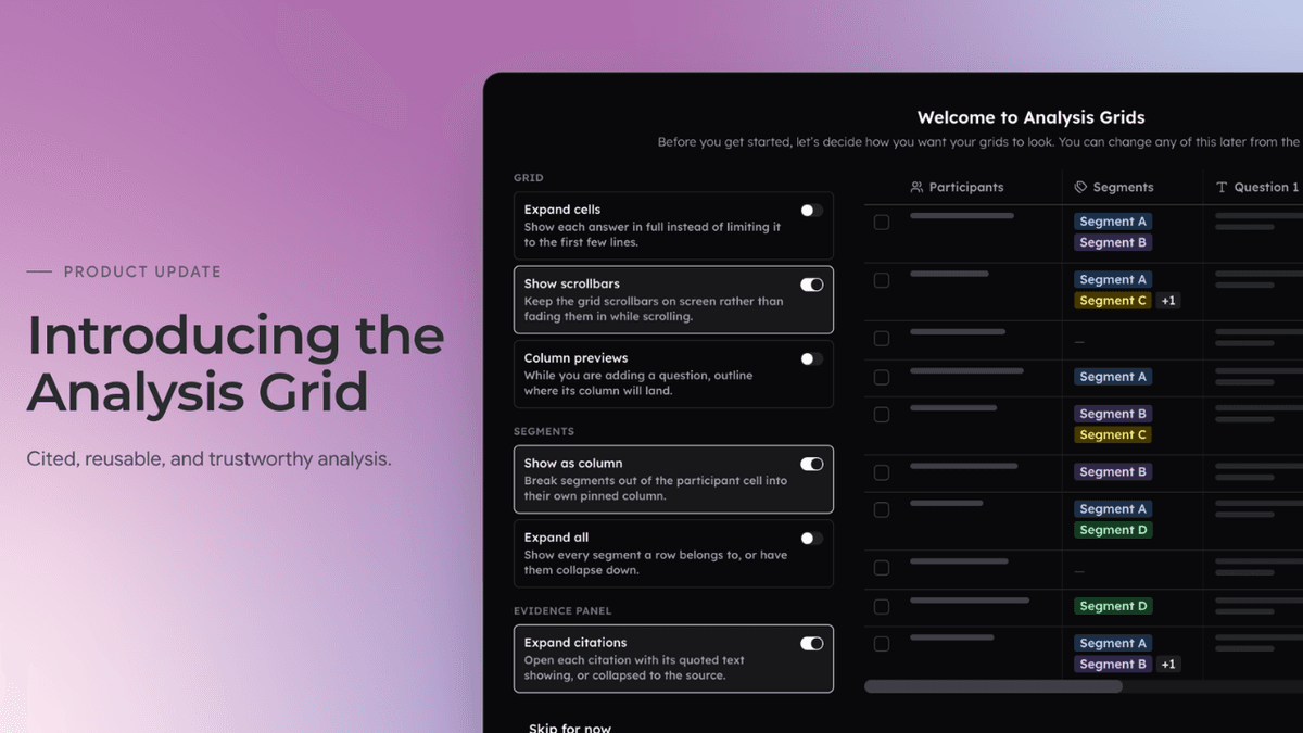 CoLoop Analysis Grid setup screen with participant rows, question controls, and an evidence panel.