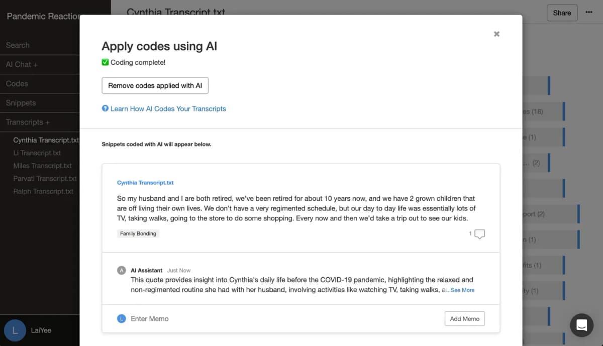 Delve interface applying an AI code beside a quoted sample transcript.