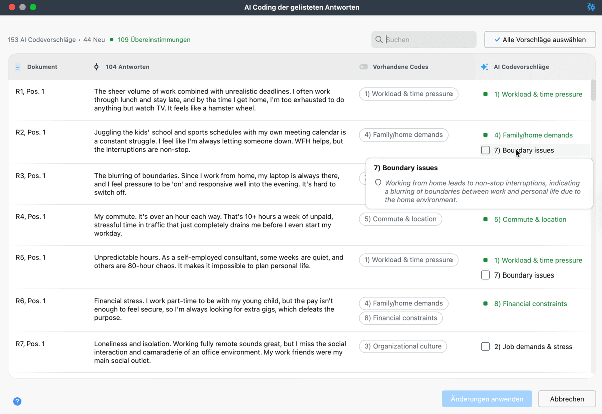 MAXQDA AI Coding review table showing source responses, existing codes, and suggested codes.