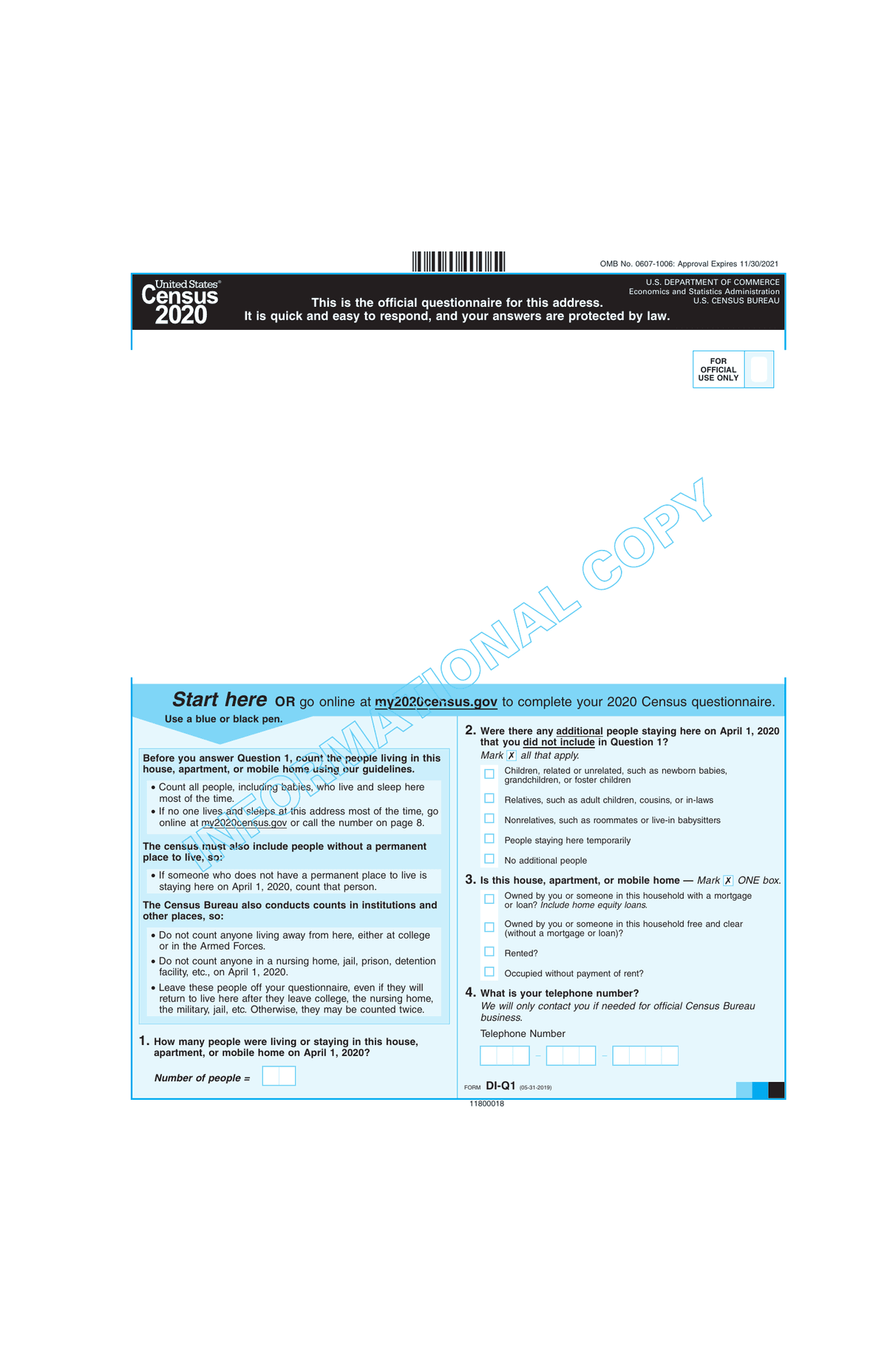 Page from the 2020 Census sample questionnaire showing a housing-tenure item with four separate answer options and a “Mark ONE box” instruction.