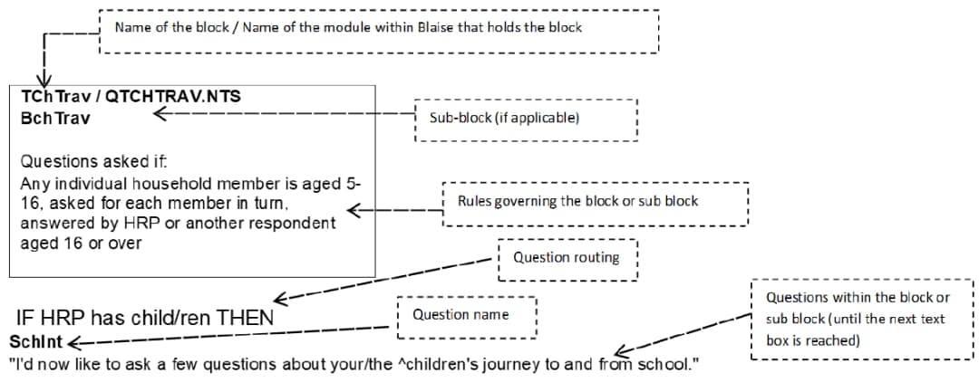 DfT's annotated question example labels block rules, item routing, and question text.