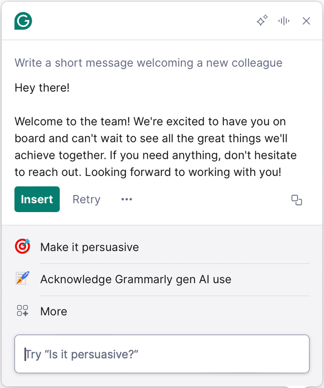 Grammarly AI writing assistant showing a generated message, Insert and Retry controls, and suggested prompts.