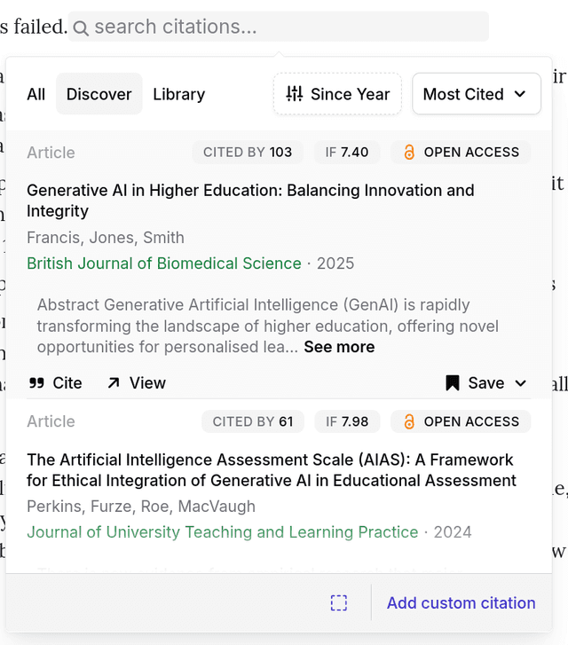 Jenni citation search panel with source filters and article results.