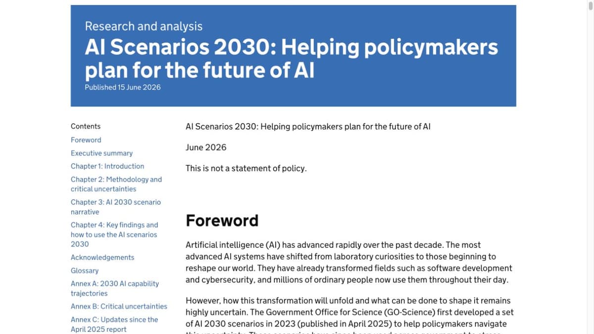 Official GOV.UK AI Scenarios 2030 report page with title, publication date, and contents.
