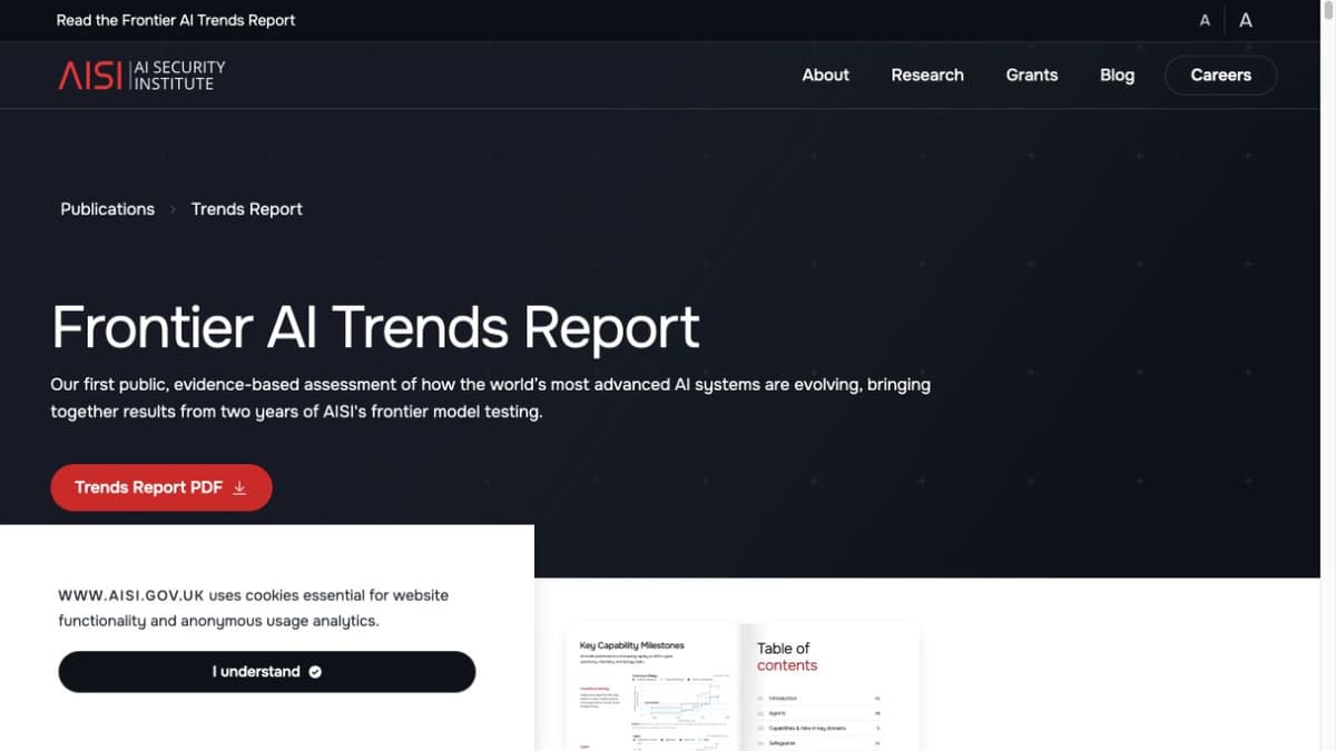 Official AISI page identifying the Frontier AI Trends Report and its scope.