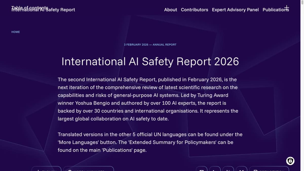 Official International AI Safety Report 2026 publication page with title and report scope.