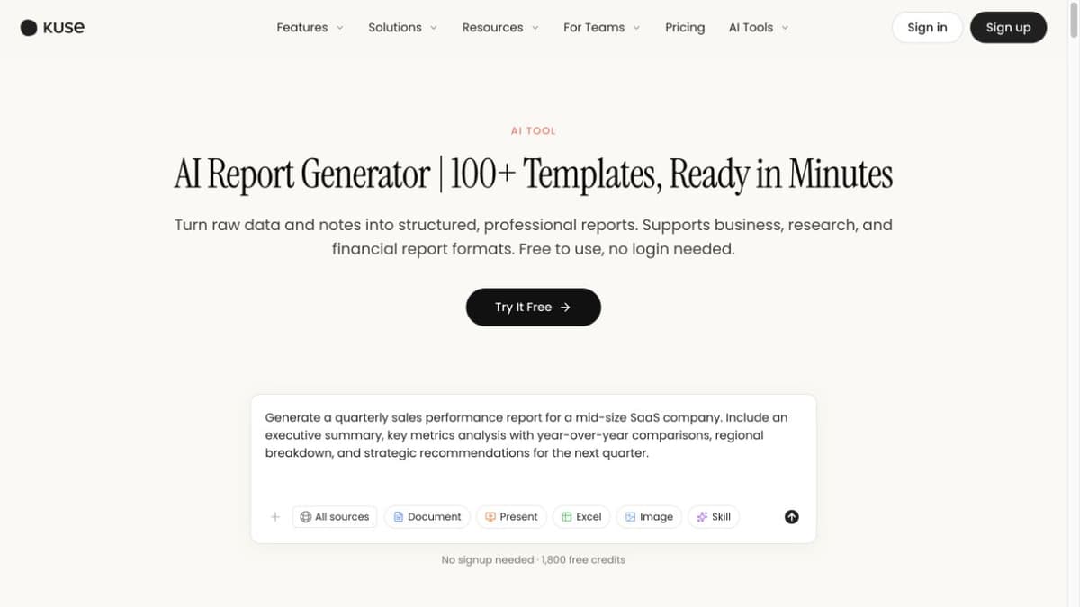 Official Kuse AI report generator page with a suggested report prompt and format choices.