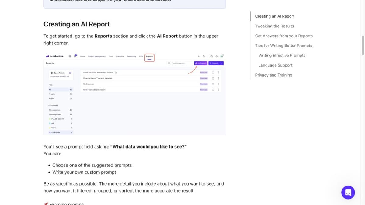 Official Productive Help Center article with an AI Report entry-point screenshot.