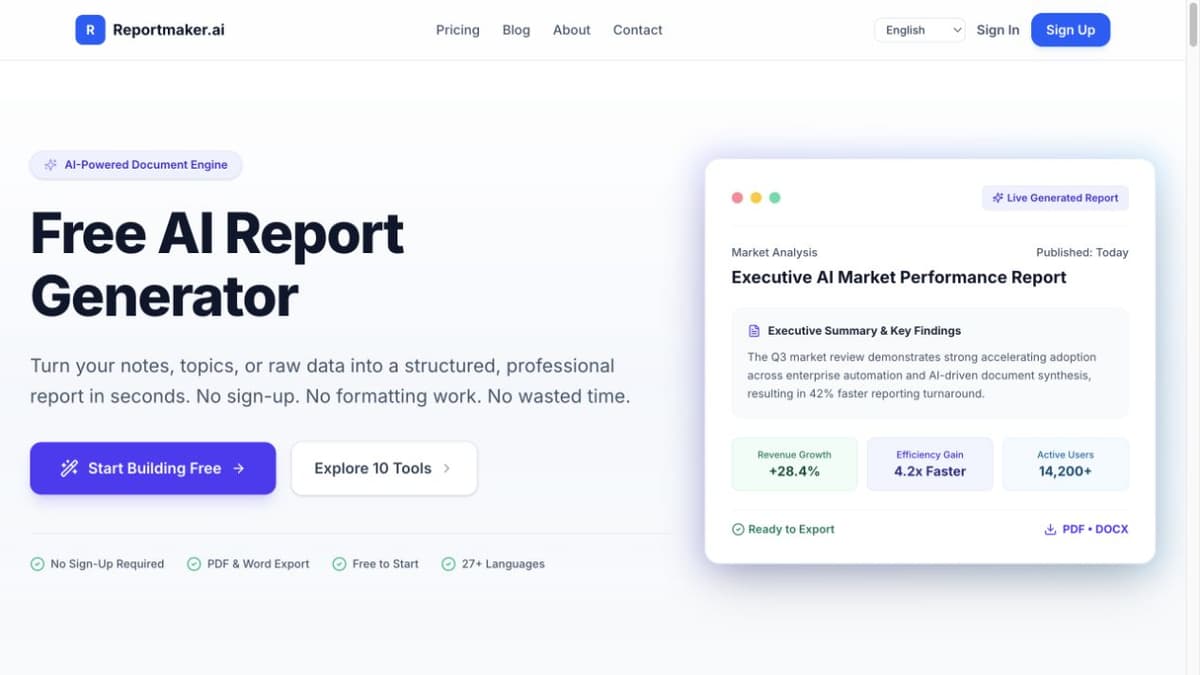 Official ReportMaker.ai page with an empty report prompt and a public sample report card.