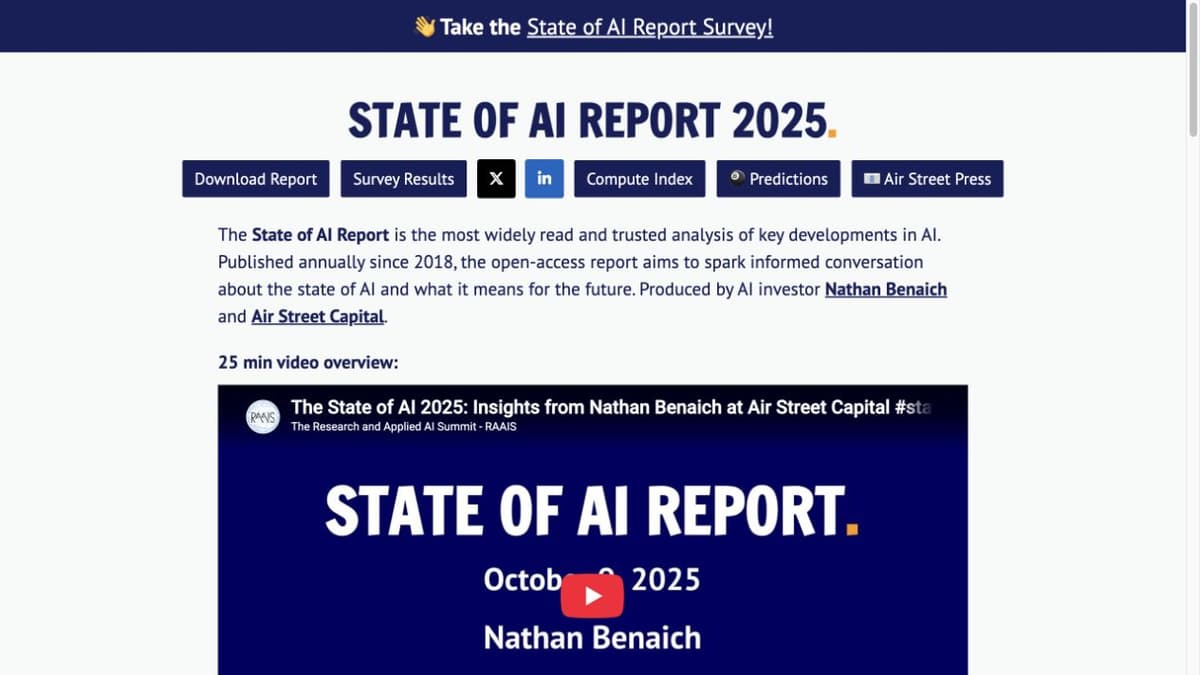 Official State of AI Report 2025 archive page with its title and report link.