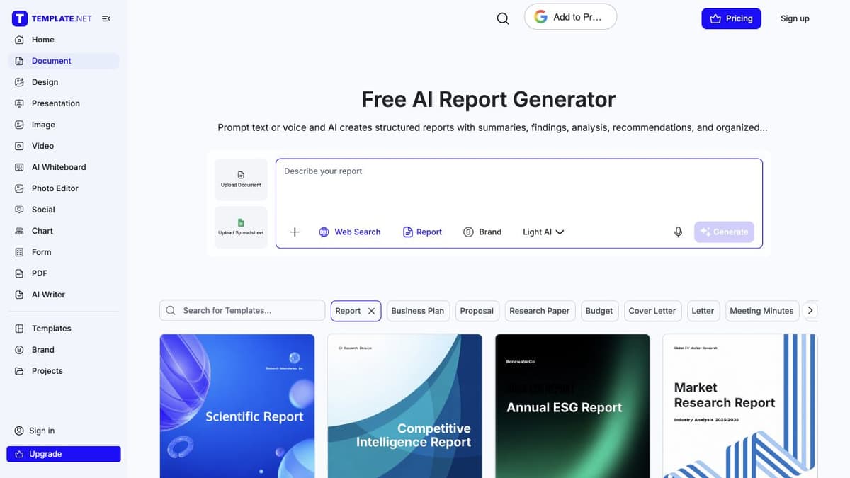 Official Template.net AI report generator page with prompt controls and a report-template gallery.