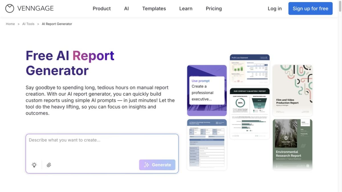 Official Venngage AI report generator page with its empty prompt and report previews.