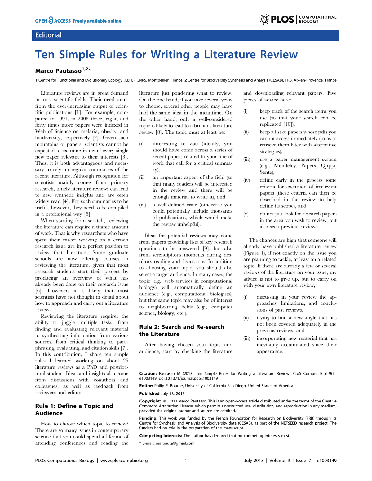 Marco Pautasso's PLOS writing-guide first page with the Editorial label above a title about literature reviews