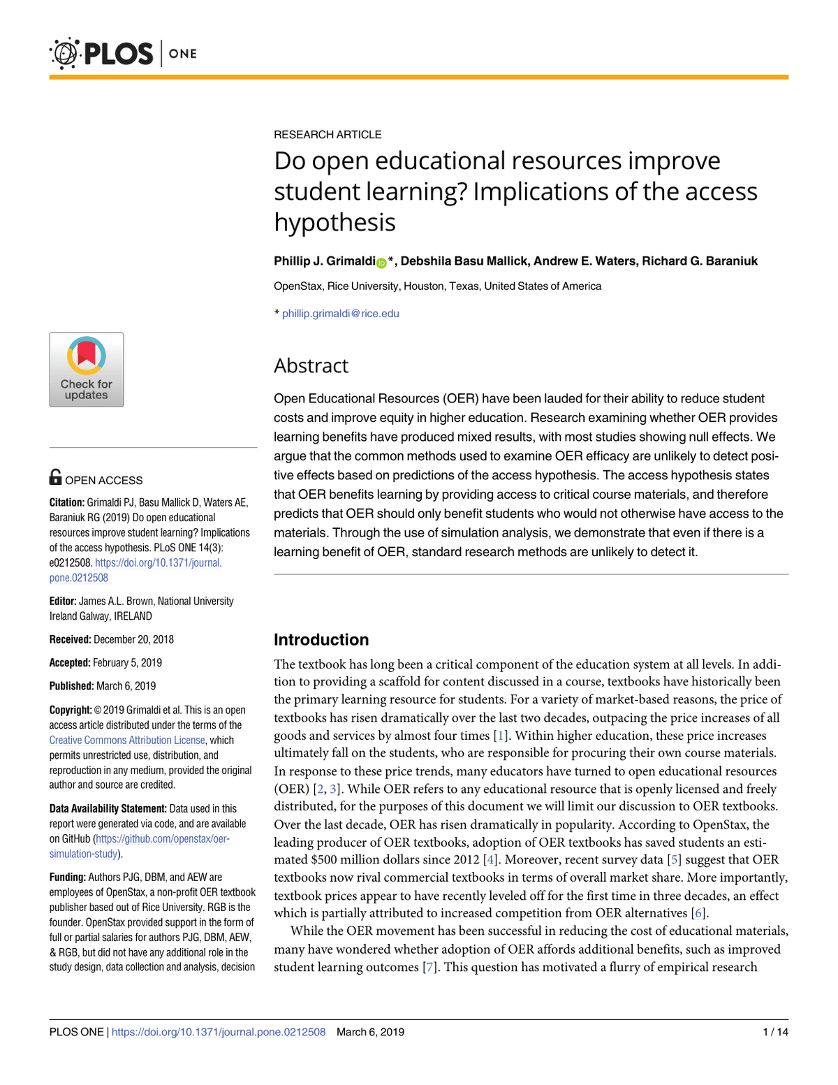 First page of Grimaldi and colleagues’ 2019 PLOS ONE paper, with the abstract describing its open-textbook access hypothesis and simulation finding.