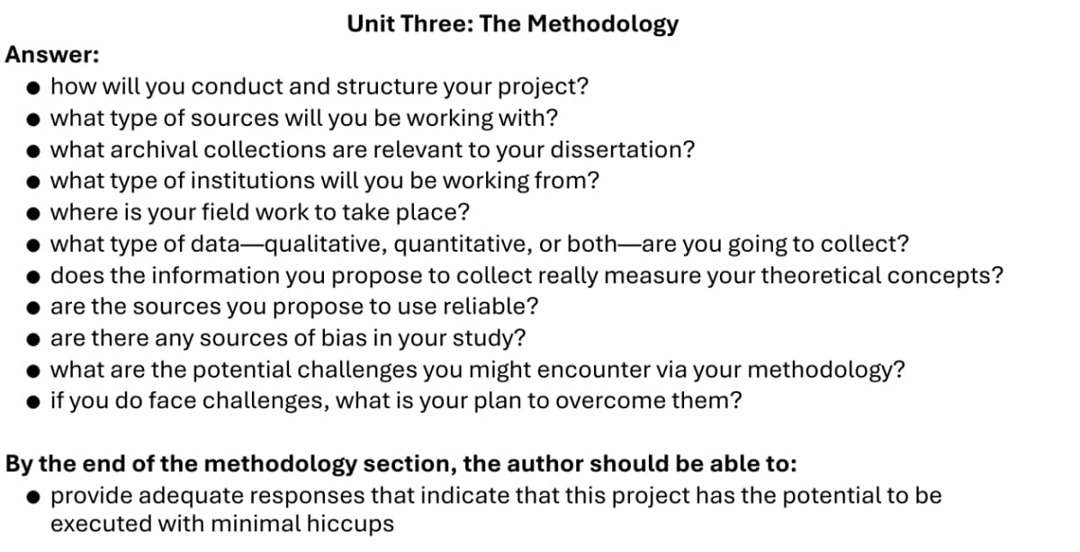 Yale prospectus checklist methodology questions about source types, archives, data, reliability, bias, challenges, and plans to address them.