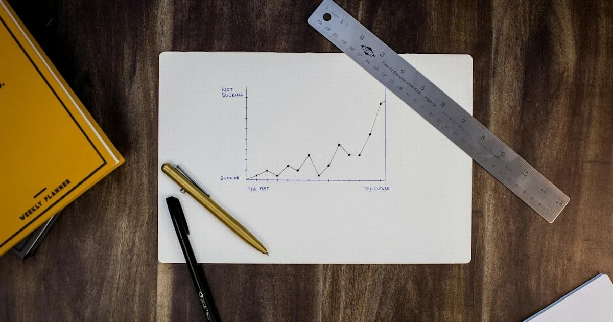 A hand-drawn line graph lies beside a ruler and pens.