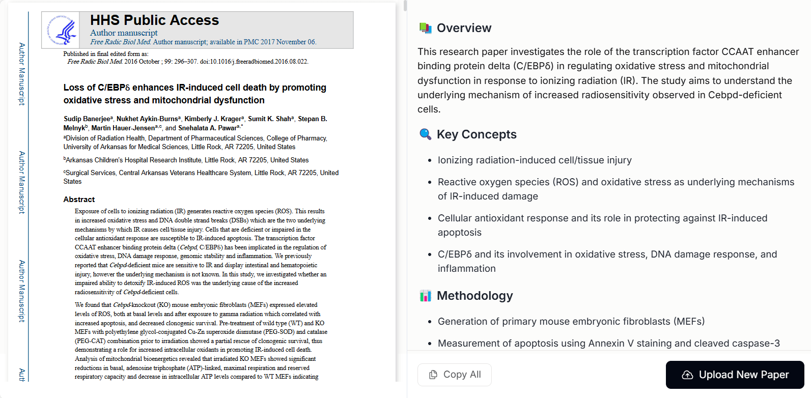 Paperguide's research paper reader with a PDF beside Overview, Key Concepts, and Methodology summary sections.