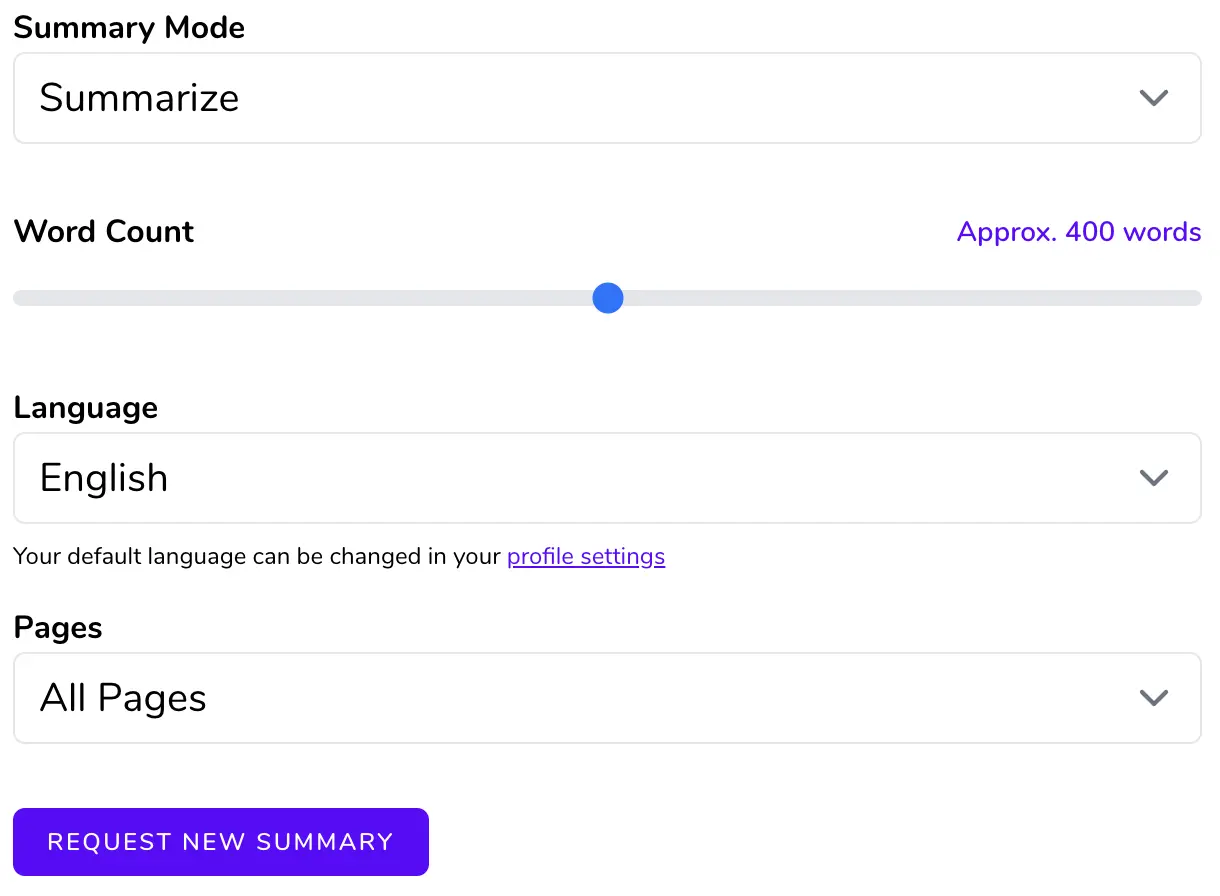 SciSummary settings for summary mode, approximate word count, language, page range, and requesting a summary.