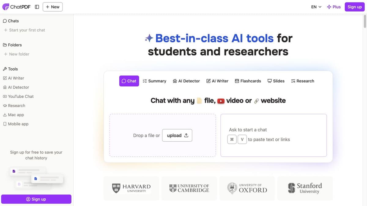 ChatPDF’s empty workspace with PDF upload and chat panels and navigation for related tools