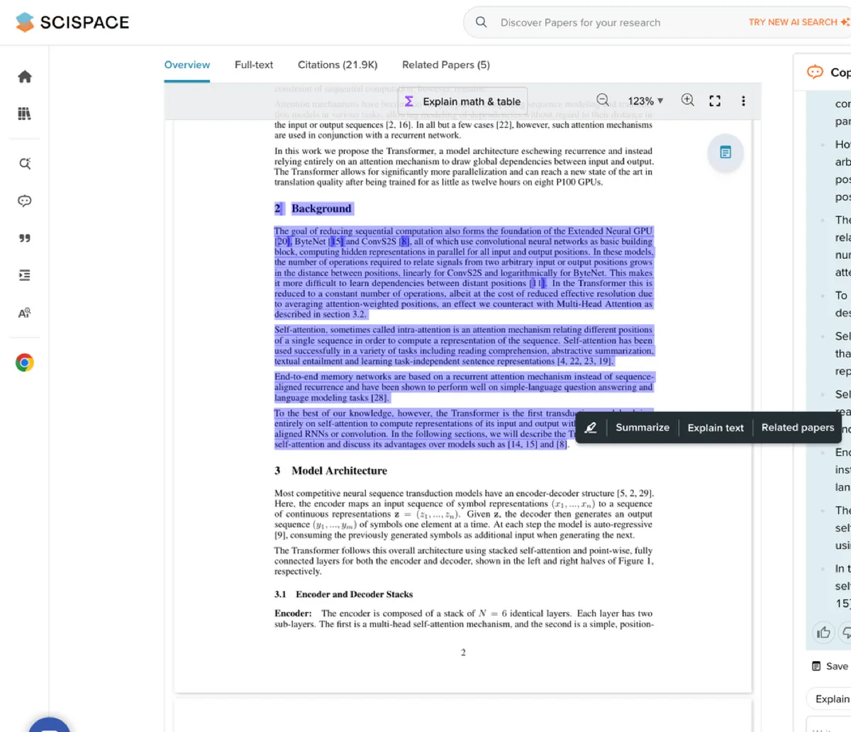 Official SciSpace Copilot screenshot showing a highlighted PDF section with an explanation panel for student paper reading.