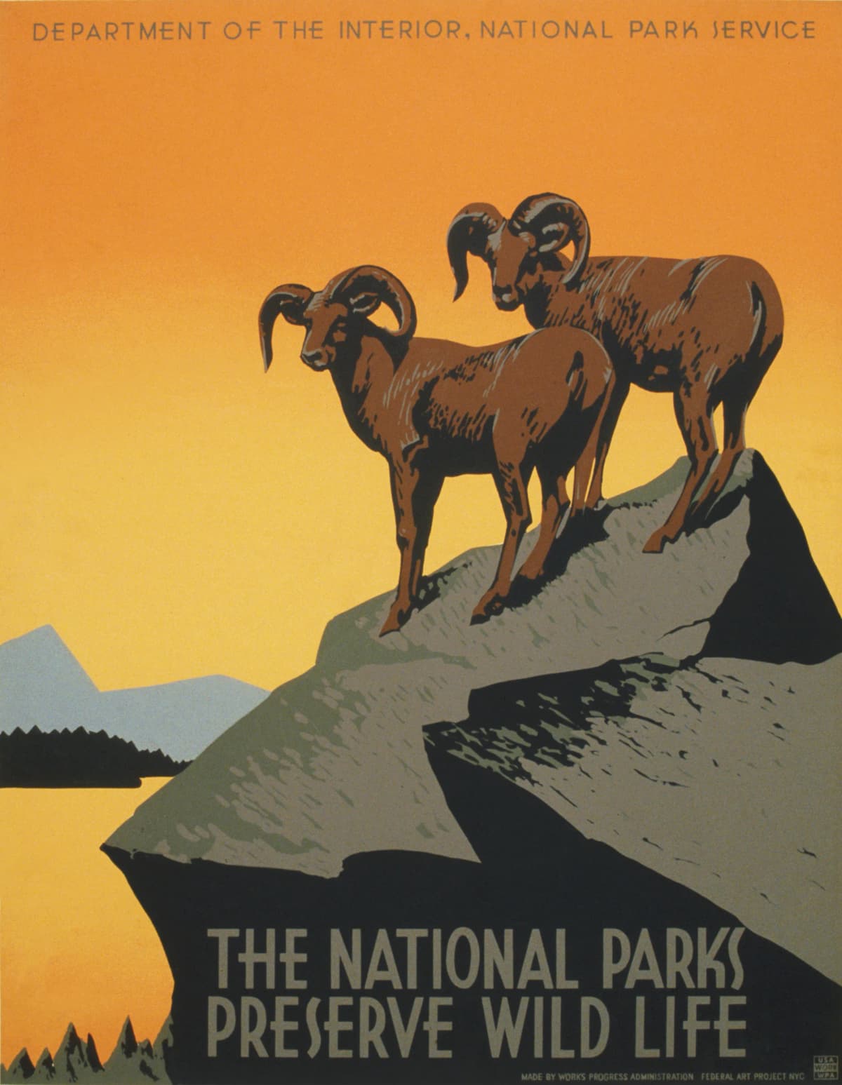 WPA National Park Service poster with two bighorn sheep and the words Wild Life, The National Parks Preserve All Life.