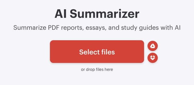 iLovePDF AI Summarizer upload screen with a Select files button and Google Drive and Dropbox import icons.
