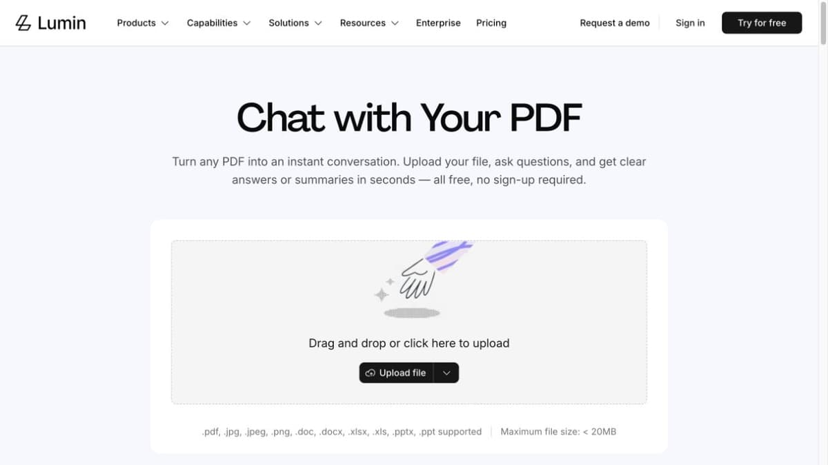 Lumin Chat with Your PDF upload panel and listed file-size limit.