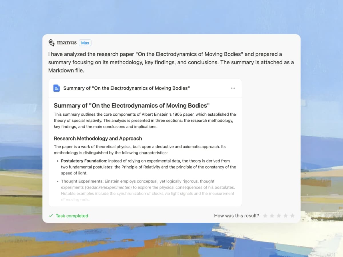 Manus marks a research-paper task complete and displays a Markdown summary of Einstein's 1905 paper with a methodology section.