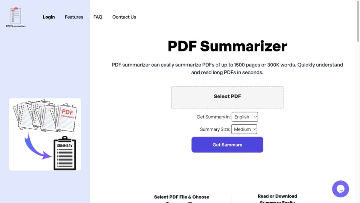 PDF-Summarizer.com upload screen with English and Medium summary-size options.