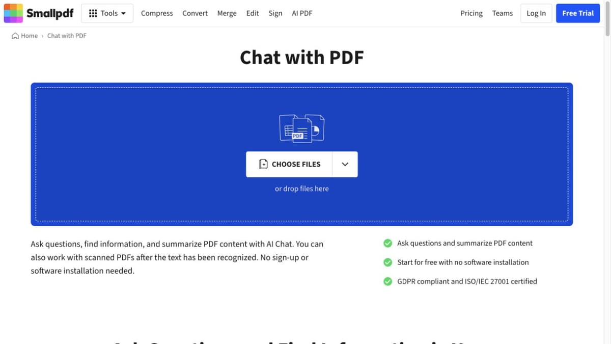 Smallpdf Chat PDF upload screen before a document is added.